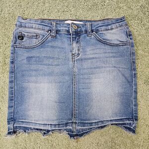 Kancan Womens Jean mini Skirt Blue raw hem distressed Stretch Zip Denim 7 / 27